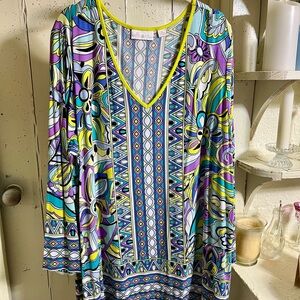 Belle by Kim Gravel Blue and Purple Tunic 3/4 Sleeve Relaxed Style